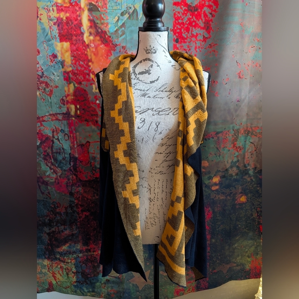 Issey Miyake Pleats Please Navy & Orange Geometric Print Shawl/Wrap/Scarf